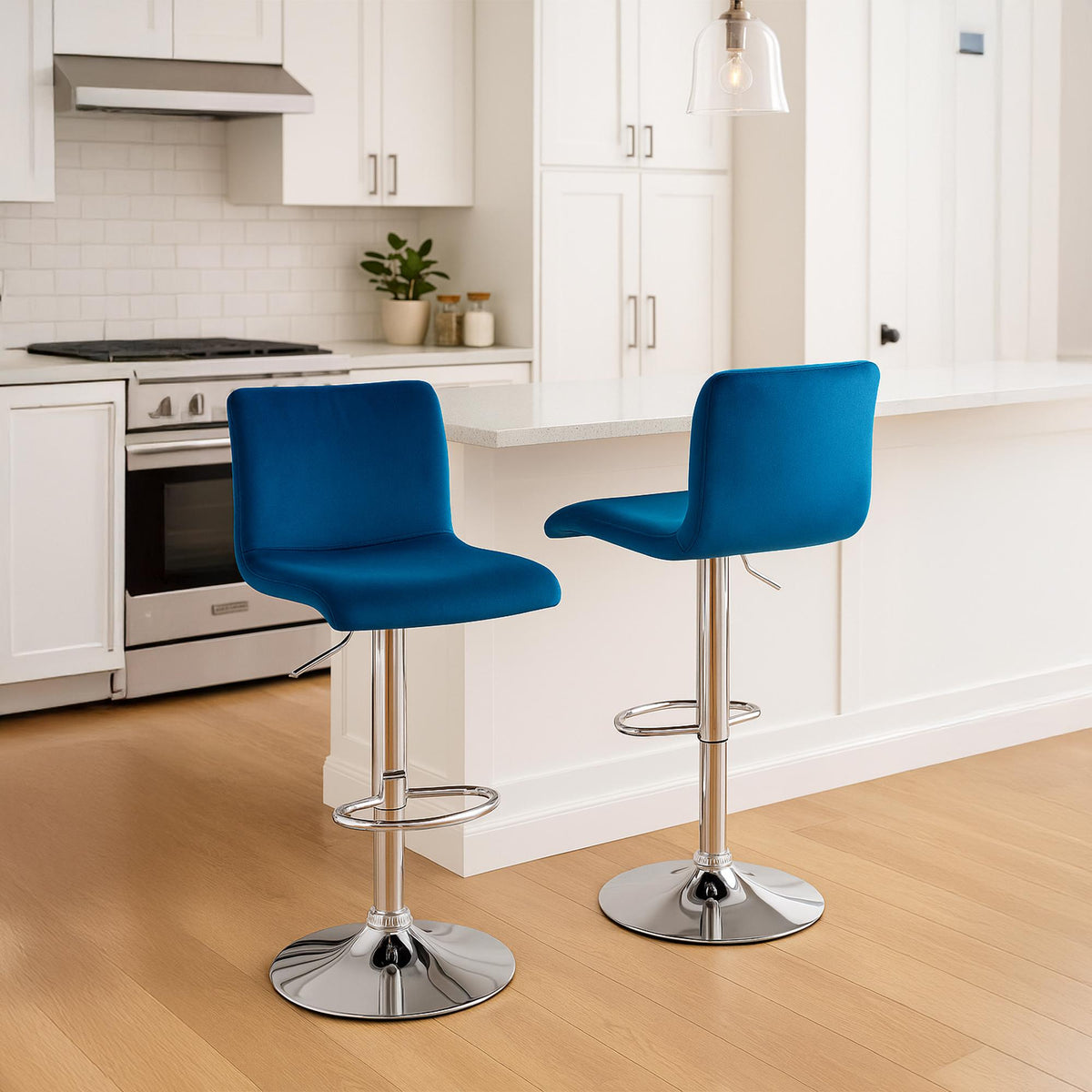 Barkruk Hover Fluweel blauw,Metaal in chroomoptiek blau