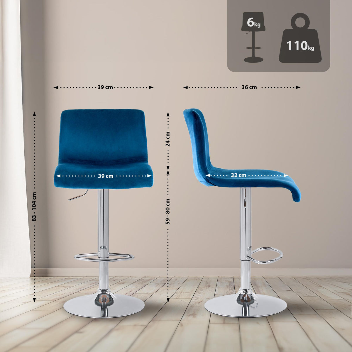 Barkruk Hover Fluweel blauw,Metaal in chroomoptiek blau