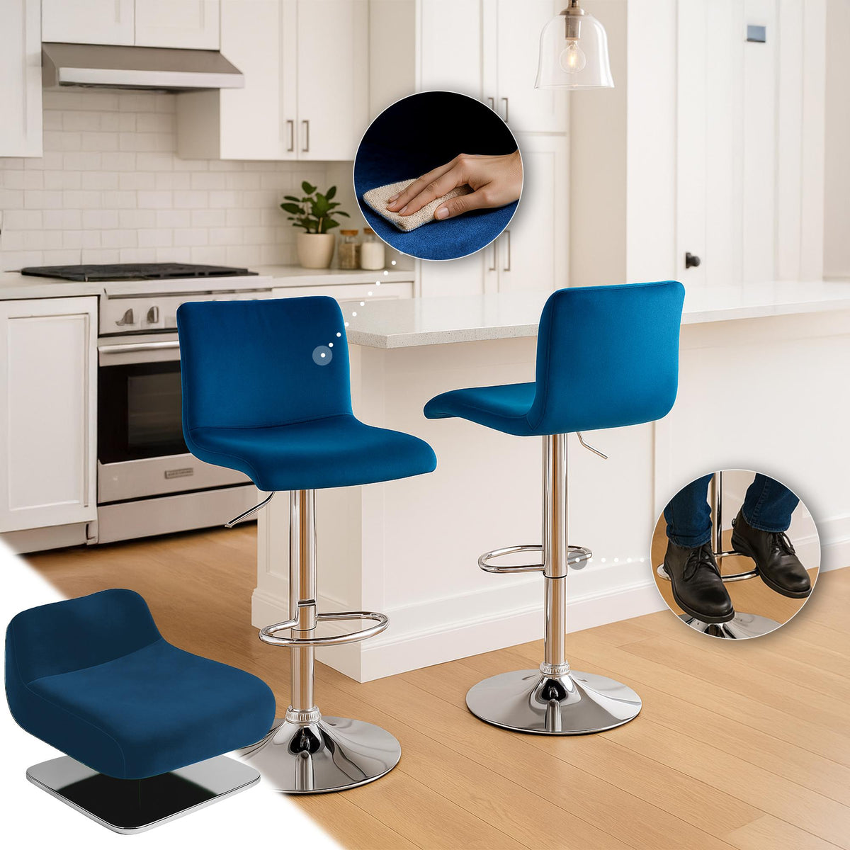 Barkruk Hover Fluweel blauw,Metaal in chroomoptiek blau