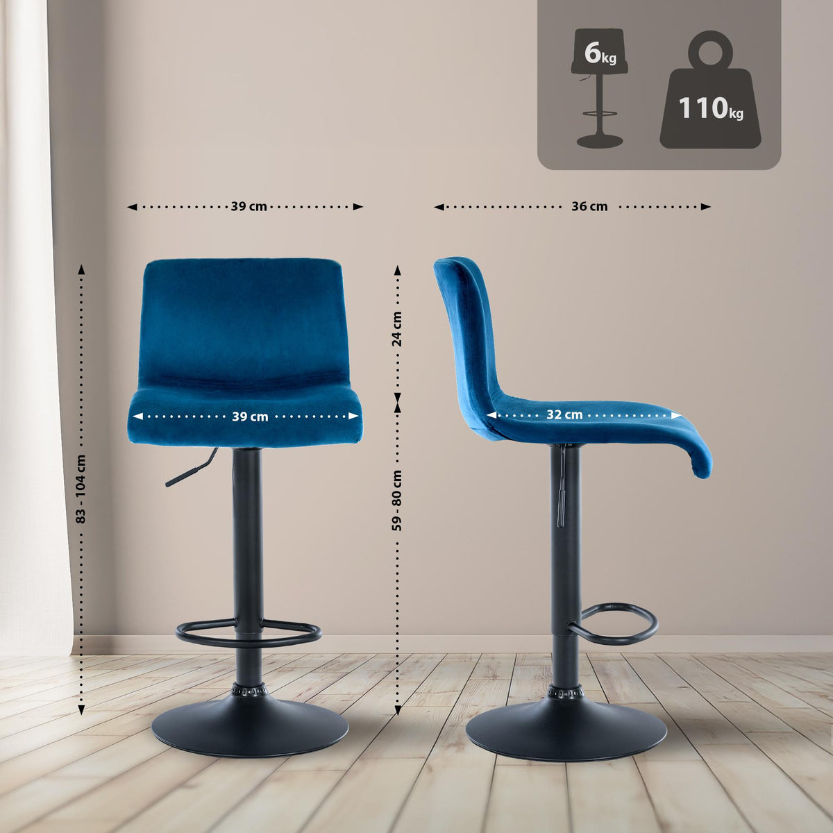 Barkruk Hover Fluweel blauw,Metaal mat zwart blau