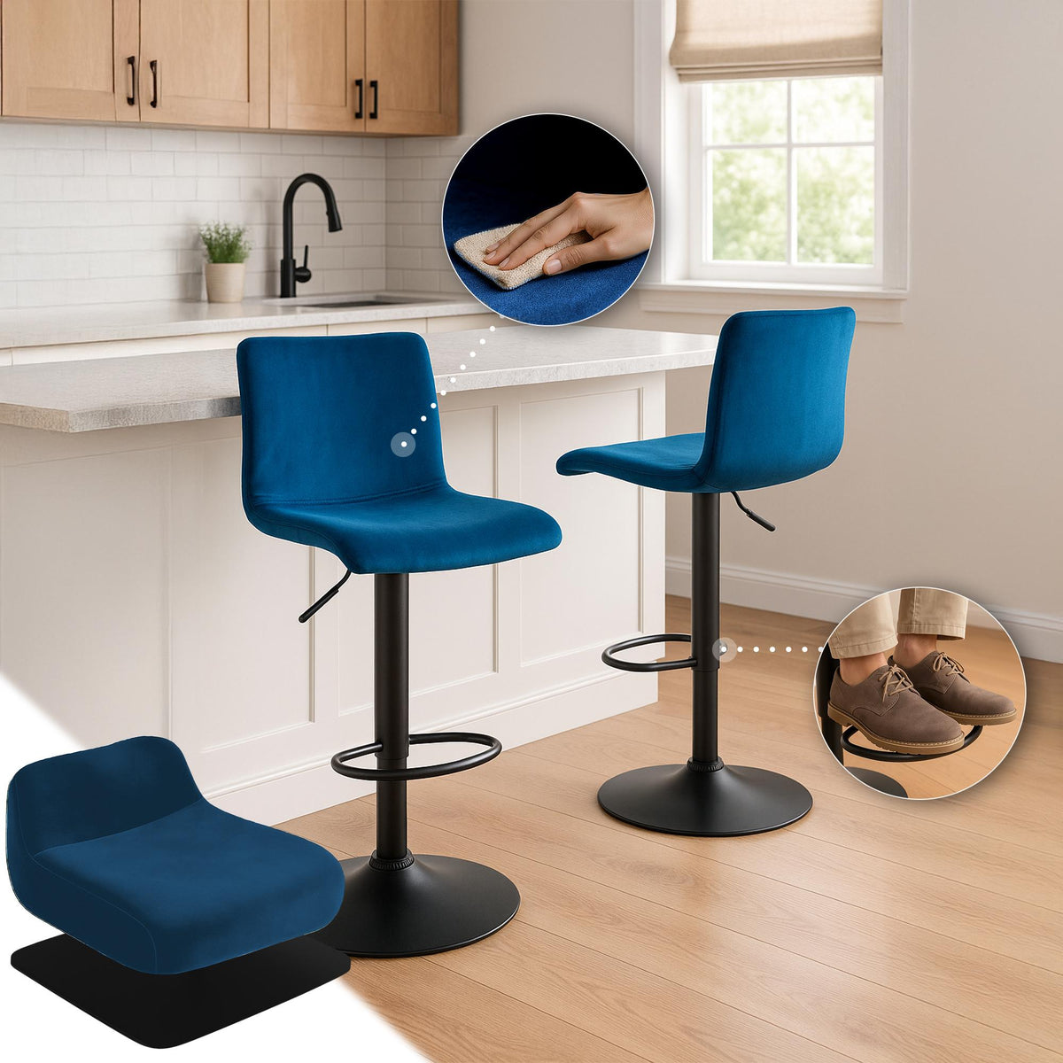 Barkruk Hover Fluweel blauw,Metaal mat zwart blau