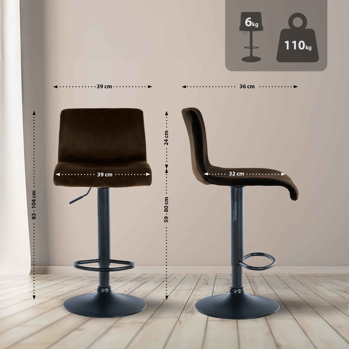 Barkruk Hover Fluweel bruin,Metaal mat zwart braun