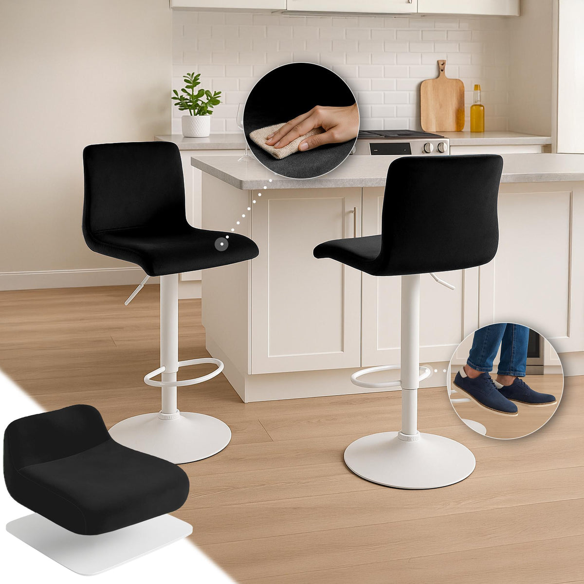Barkruk Hover Fluweel zwart,Metaal mat wit schwarz