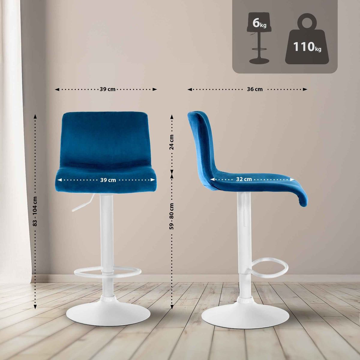 Barkruk Hover Fluweel blauw,Metaal mat wit blau