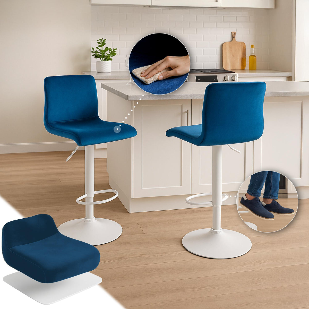 Barkruk Hover Fluweel blauw,Metaal mat wit blau