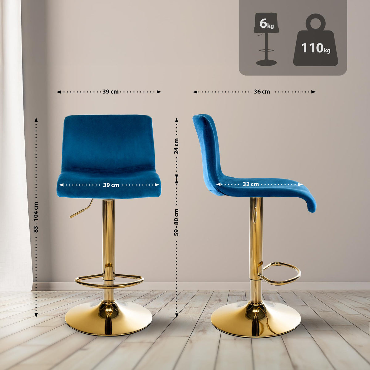 Barkruk Hover Fluweel blauw,Metaal Goud blau