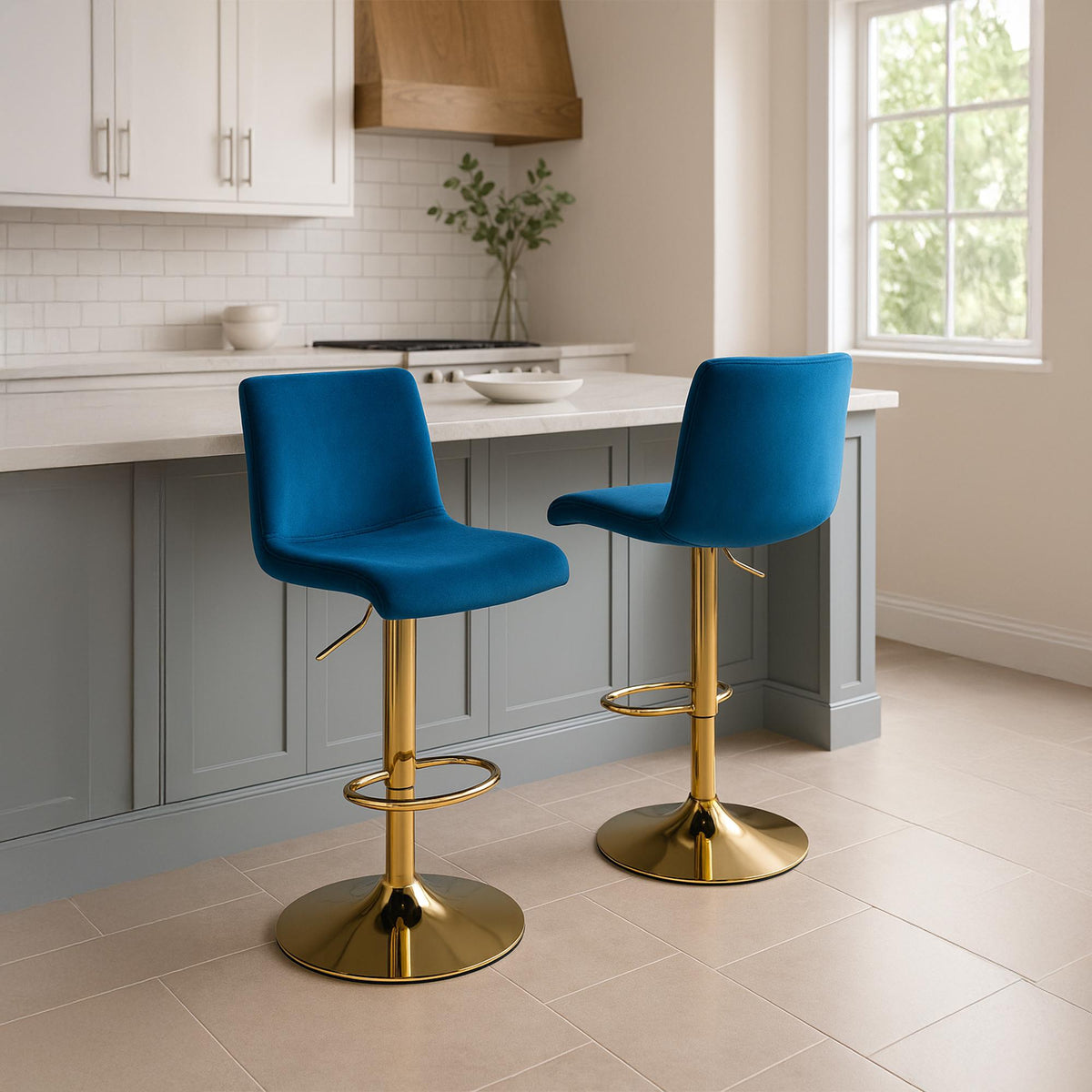 Barkruk Hover Fluweel blauw,Metaal Goud blau