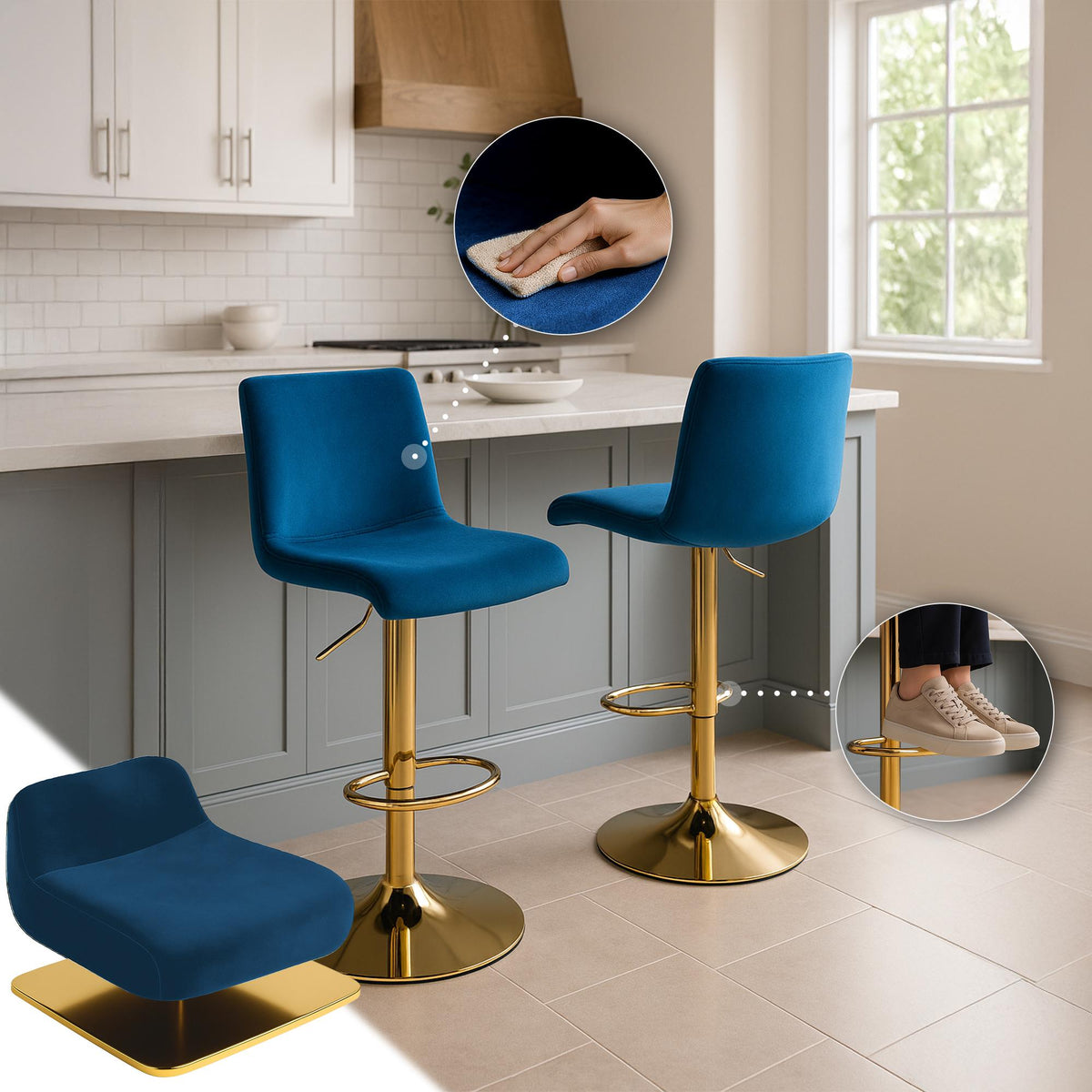 Barkruk Hover Fluweel blauw,Metaal Goud blau