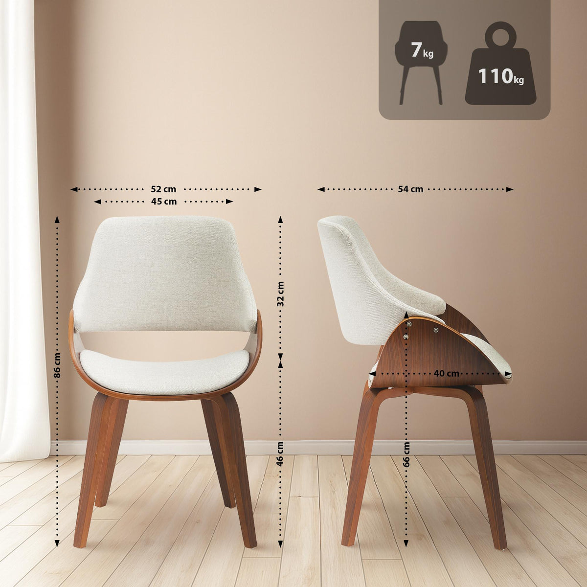 Set van 2 eetkamerstoelen Vangale walnoot/creme,Stof walnuss/creme