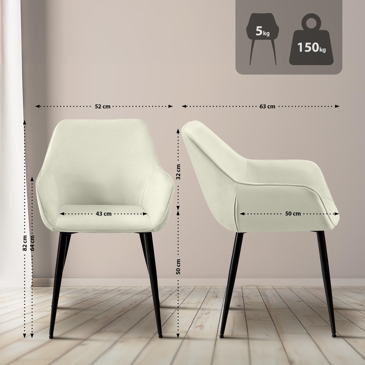 2er Set Esszimmerstuhl Vessa Stoff creme