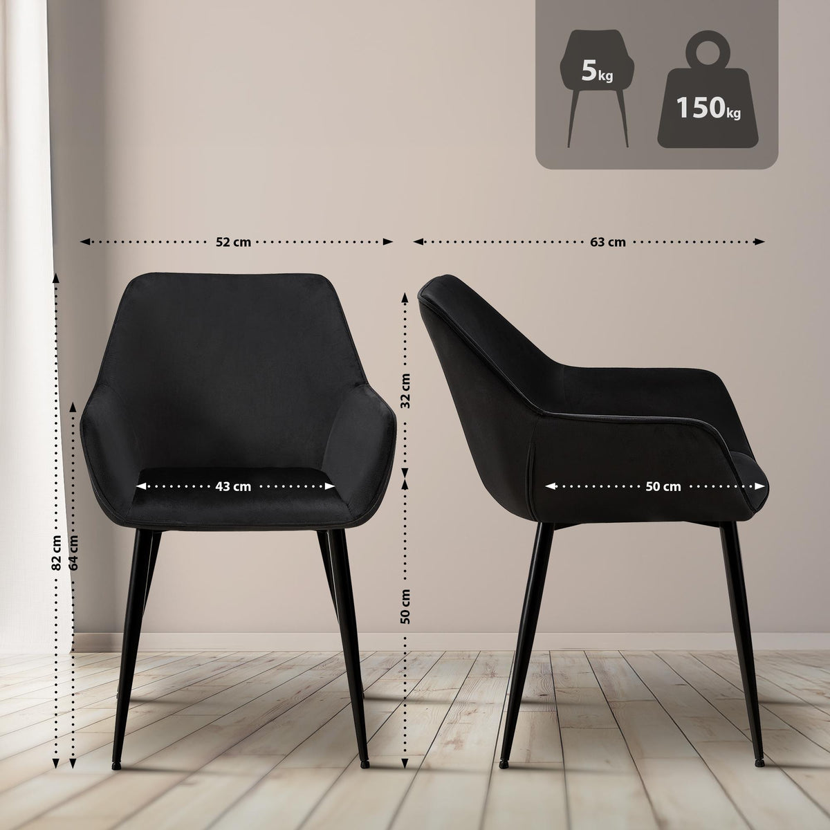 2er Set Esszimmerstuhl Vessa Samt schwarz