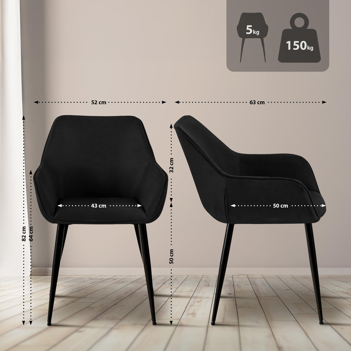 Set van 2 eetkamerstoelen Luena zwart,Stof schwarz