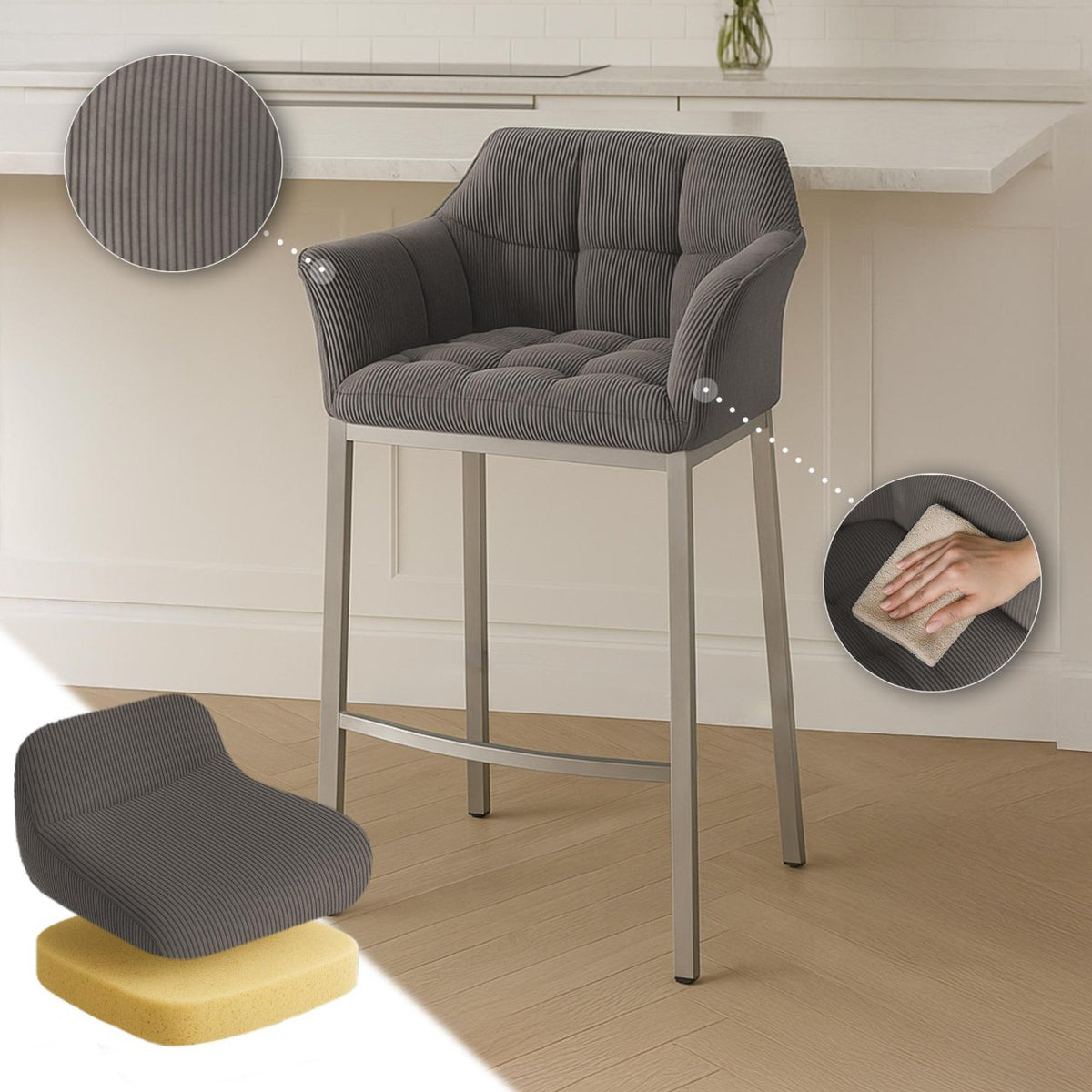Barkruk Damaso Cord met Vierpootsframe taupe,roestvrij staal taupe