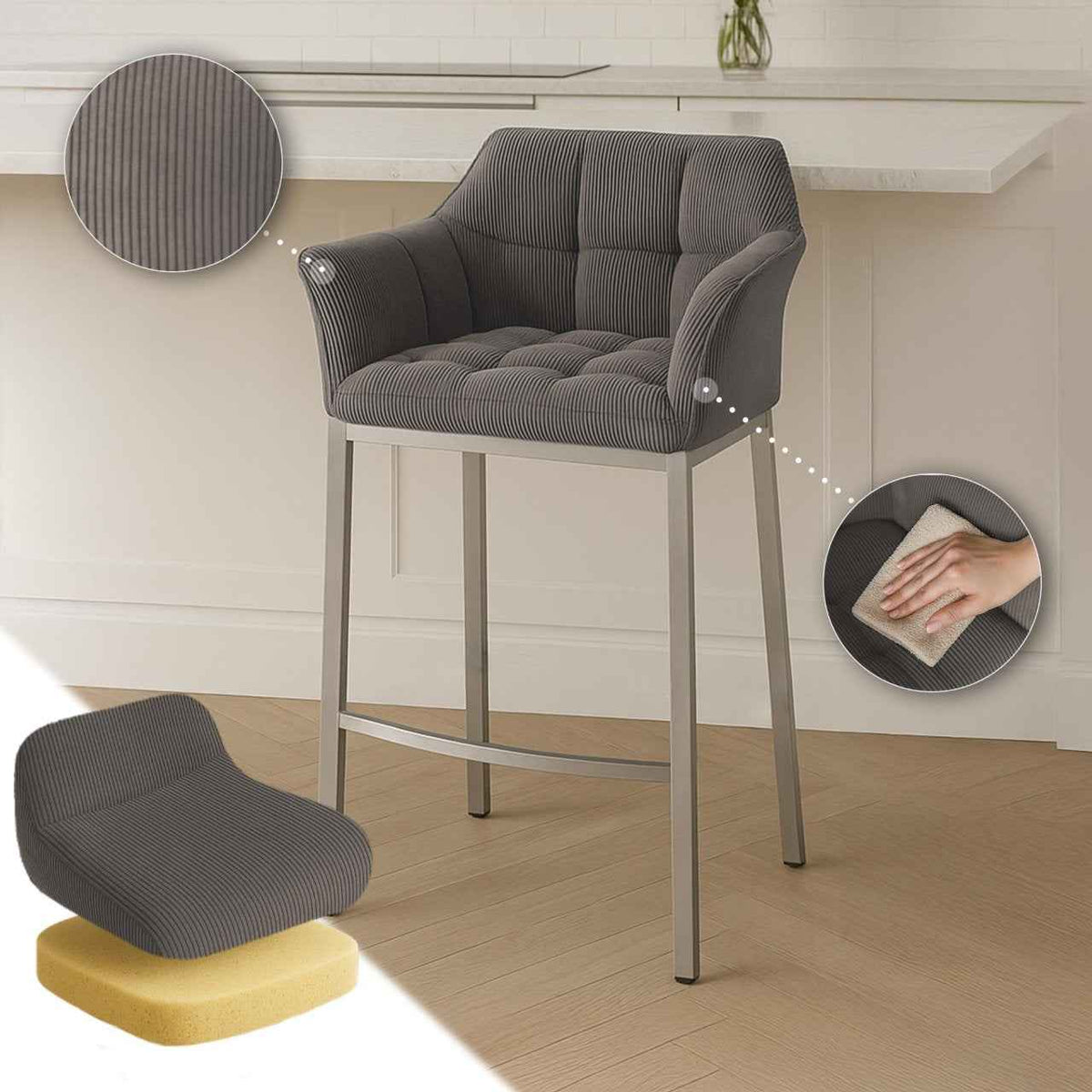 Barkruk Damaso Cord met Vierpootsframe taupe,roestvrij staal taupe