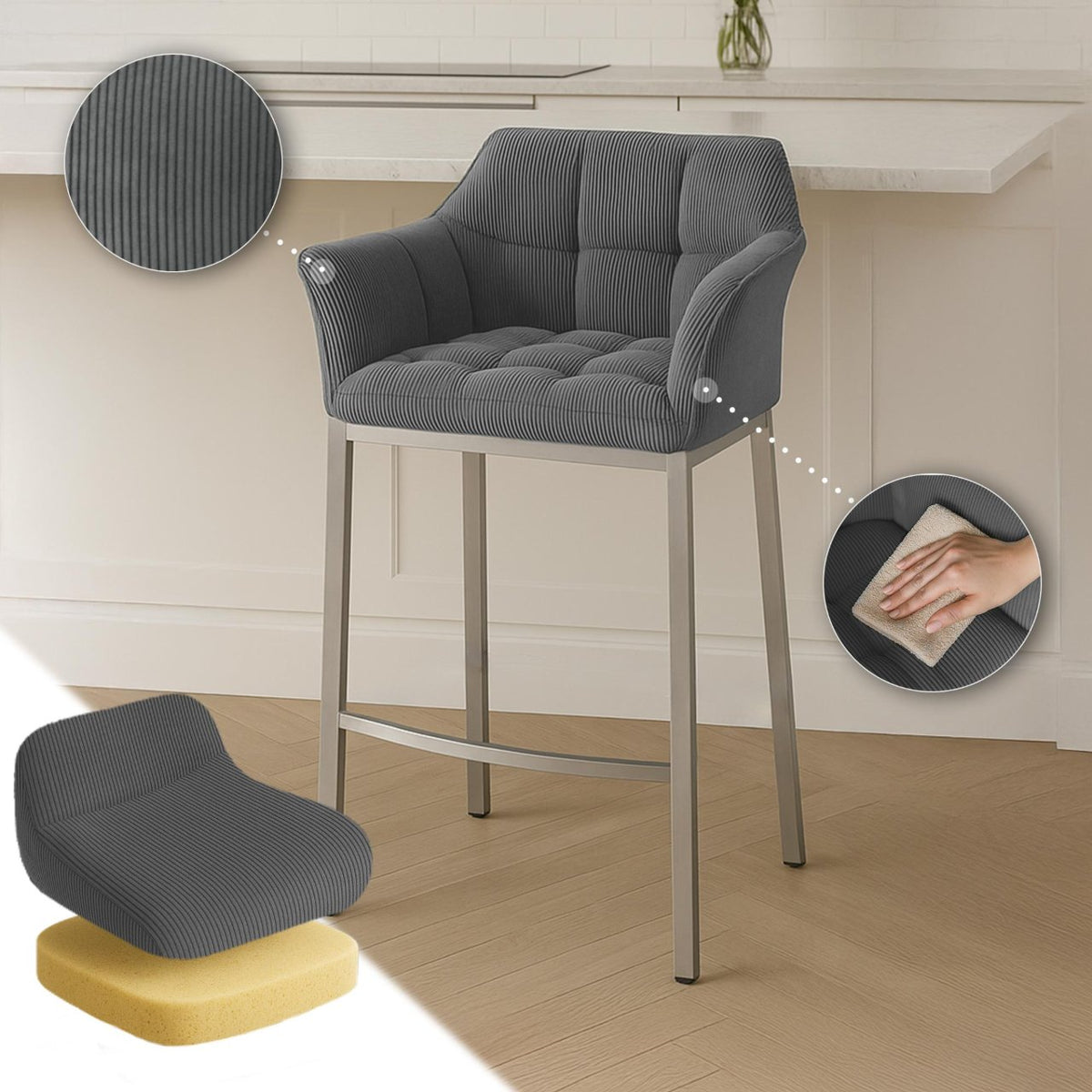 Barkruk Damaso Cord met Vierpootsframe grijs,roestvrij staal grau