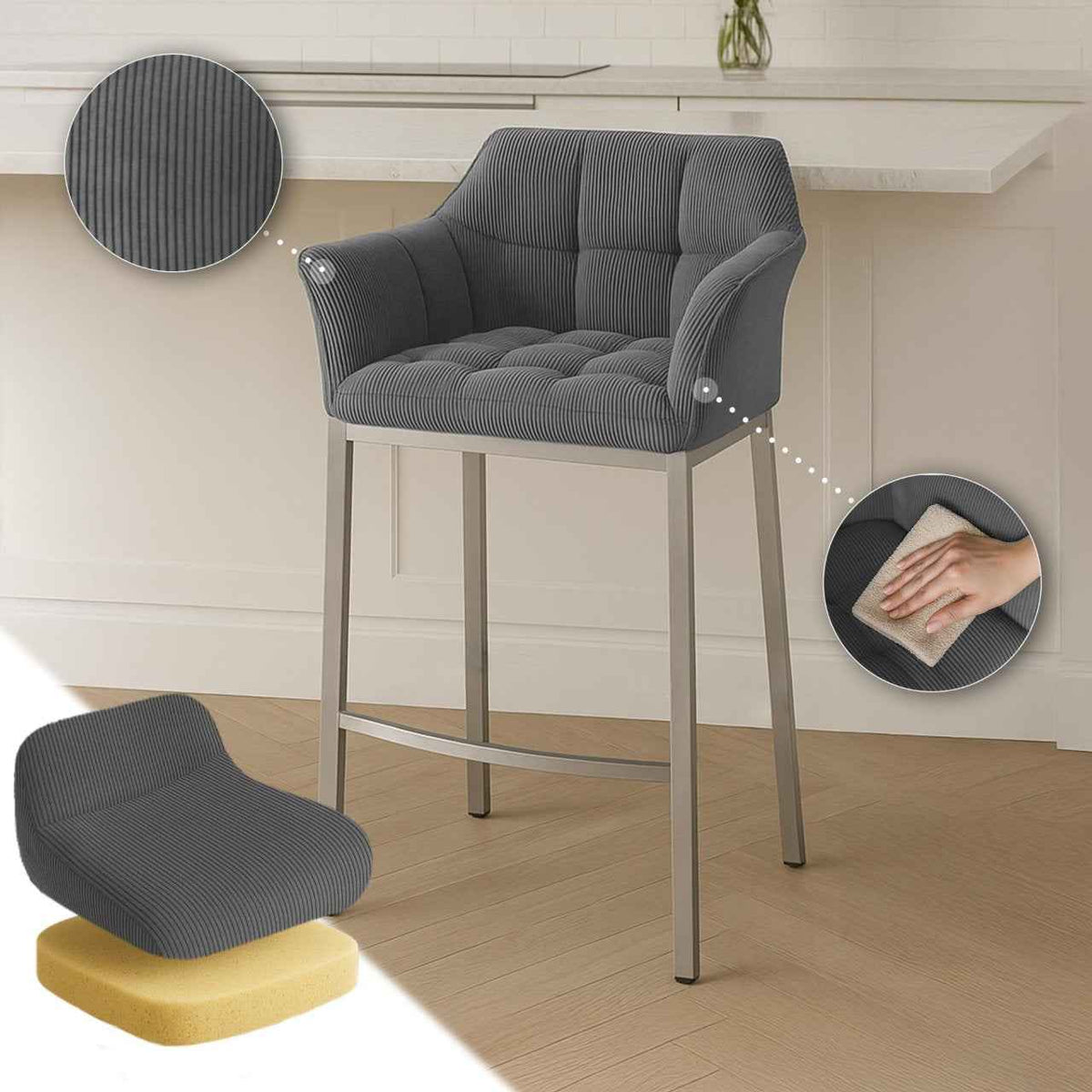 Barkruk Damaso Cord met Vierpootsframe grijs,roestvrij staal grau