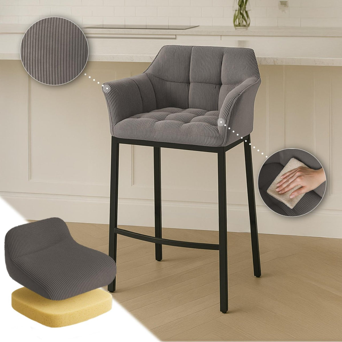 Barkruk Damaso Cord met Vierpootsframe taupe,zwart taupe