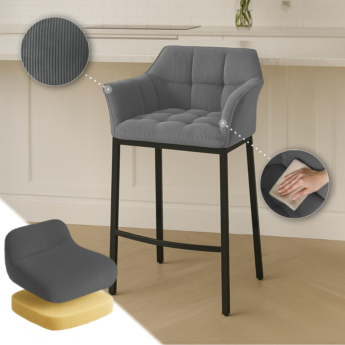 Barkruk Damaso Cord met Vierpootsframe grijs,zwart grau