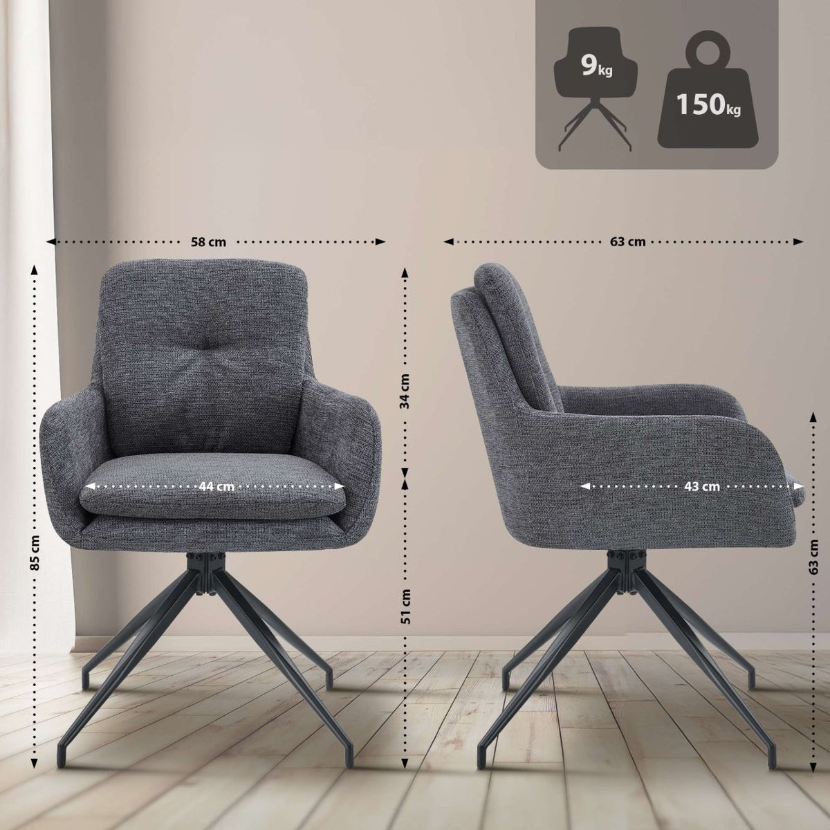 Eetkamerstoel Pickett stof donkergrijs dunkelgrau