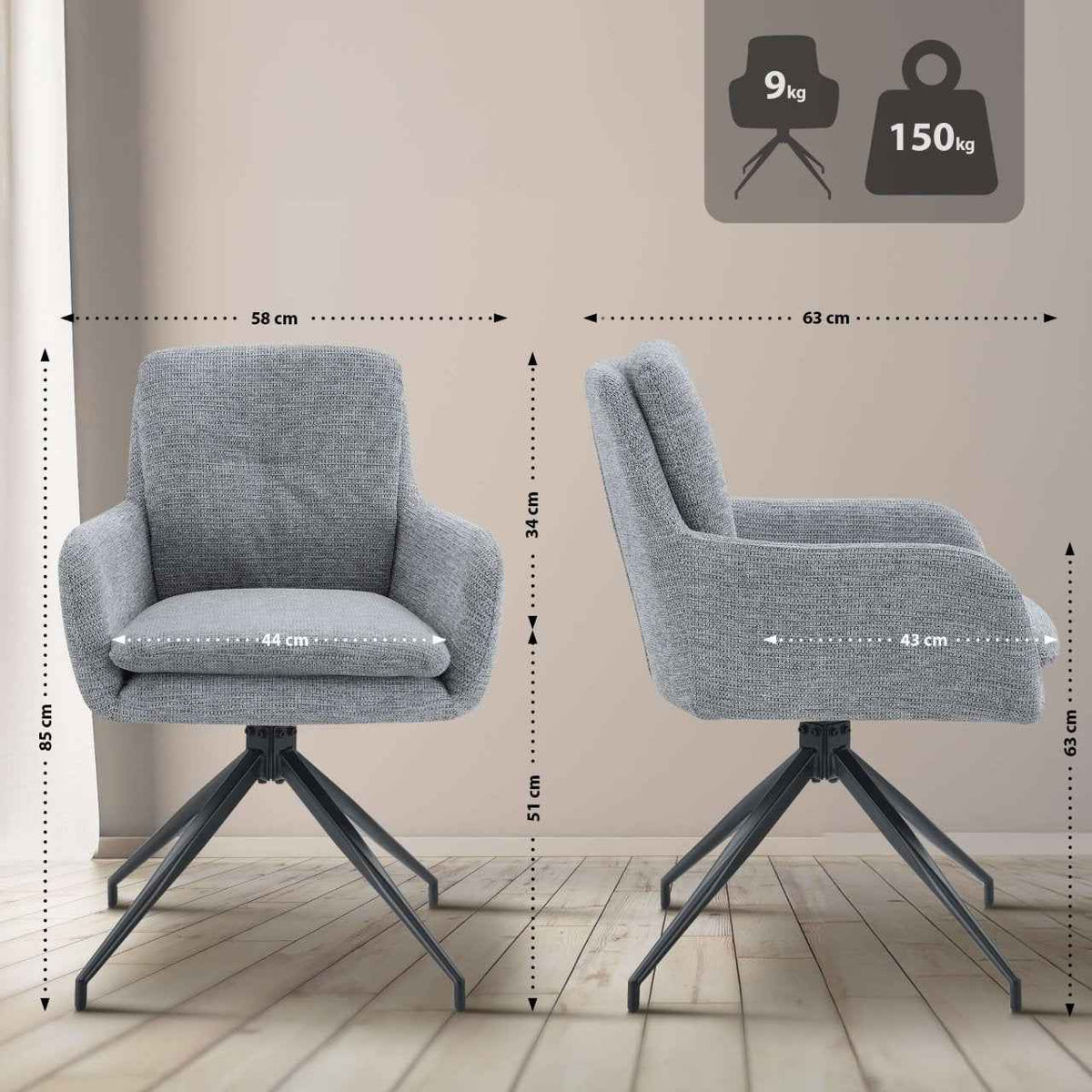 Set van 2 eetkamerstoelen Pickett stof grijs grau
