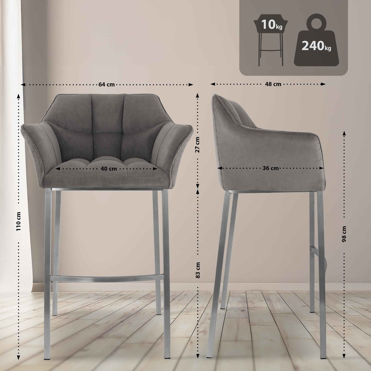 Barkruk Damaso Cord met Vierpootsframe taupe,roestvrij staal taupe