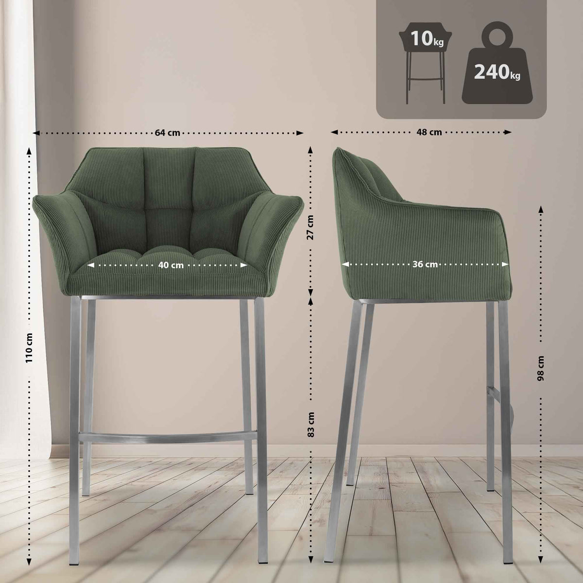 Barkruk Damaso Cord met Vierpootsframe groen,roestvrij staal grün