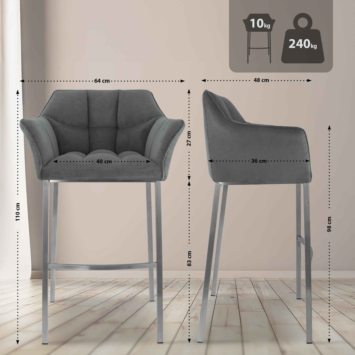 Barkruk Damaso Cord met Vierpootsframe grijs,roestvrij staal grau