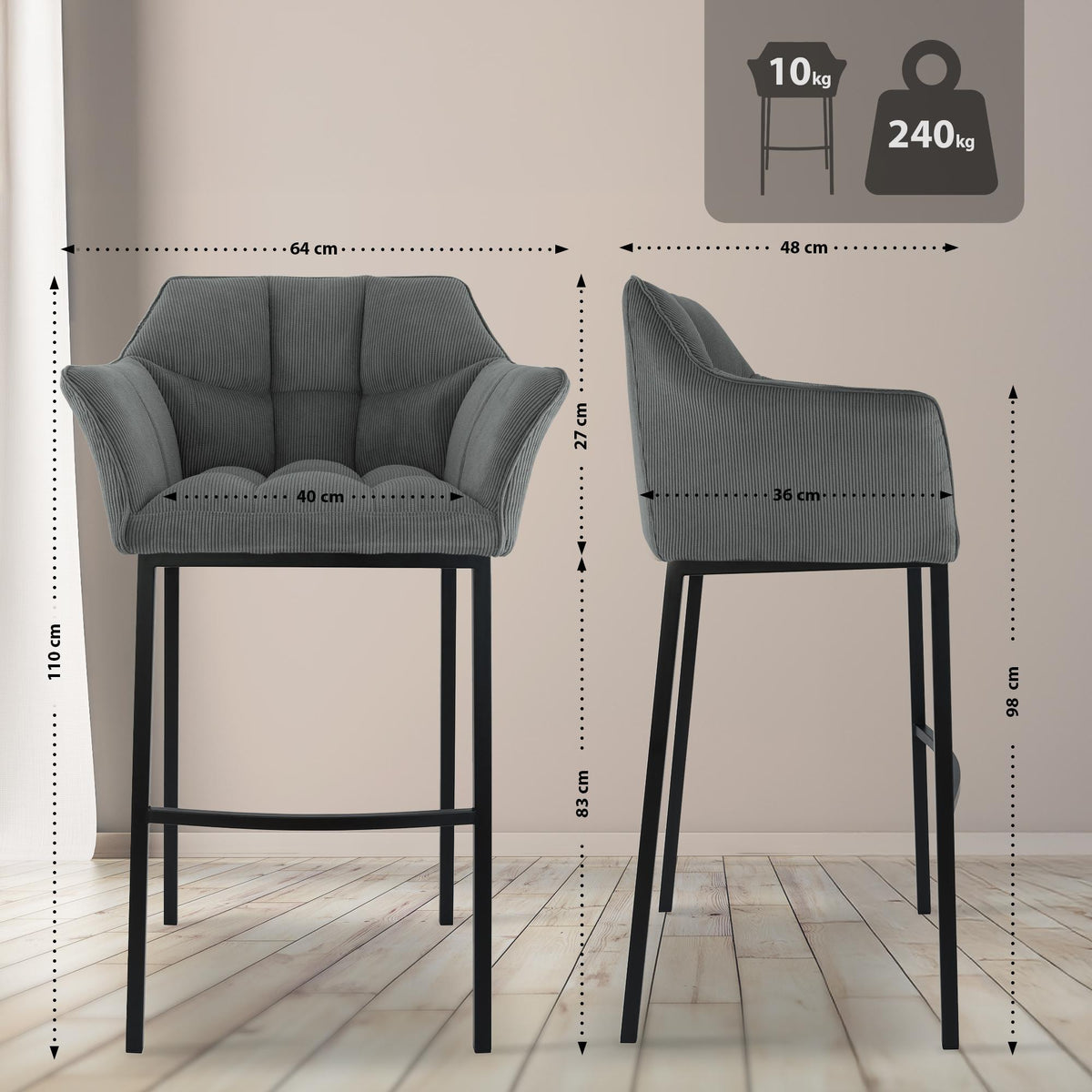 Barkruk Damaso Cord met Vierpootsframe grijs,zwart grau