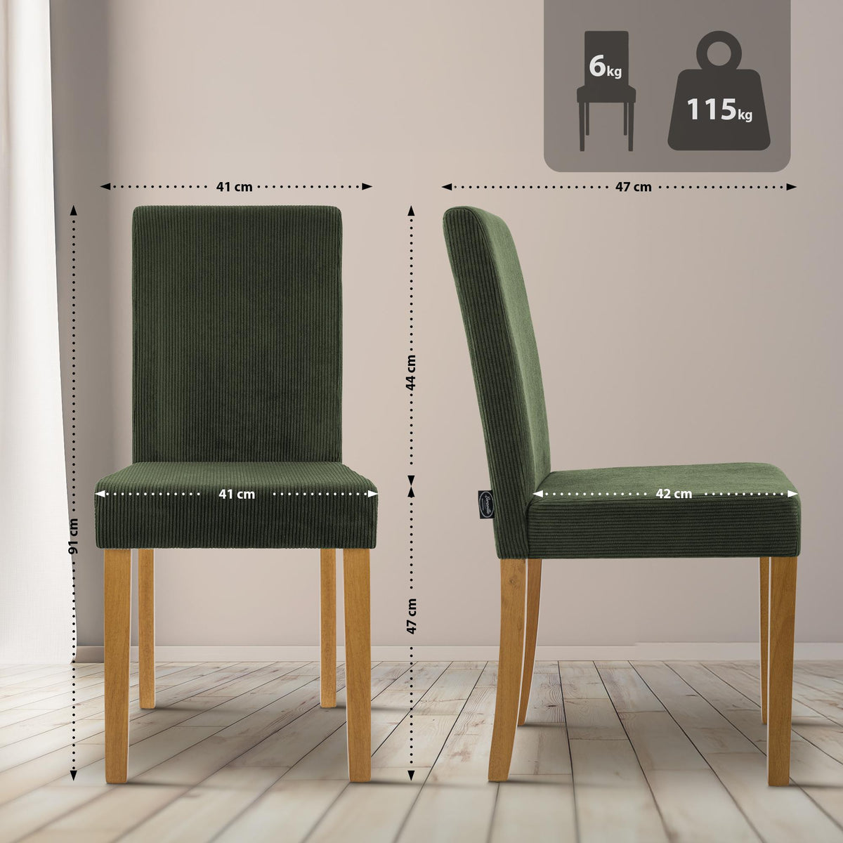 Set van 2 eetkamerstoelen Ina Cord groen,antiek licht grün