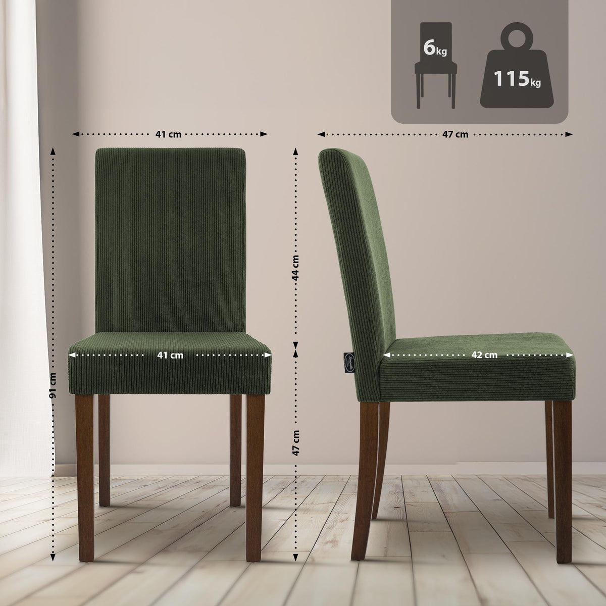 Set van 2 eetkamerstoelen Ina Cord groen,antiek donker grün
