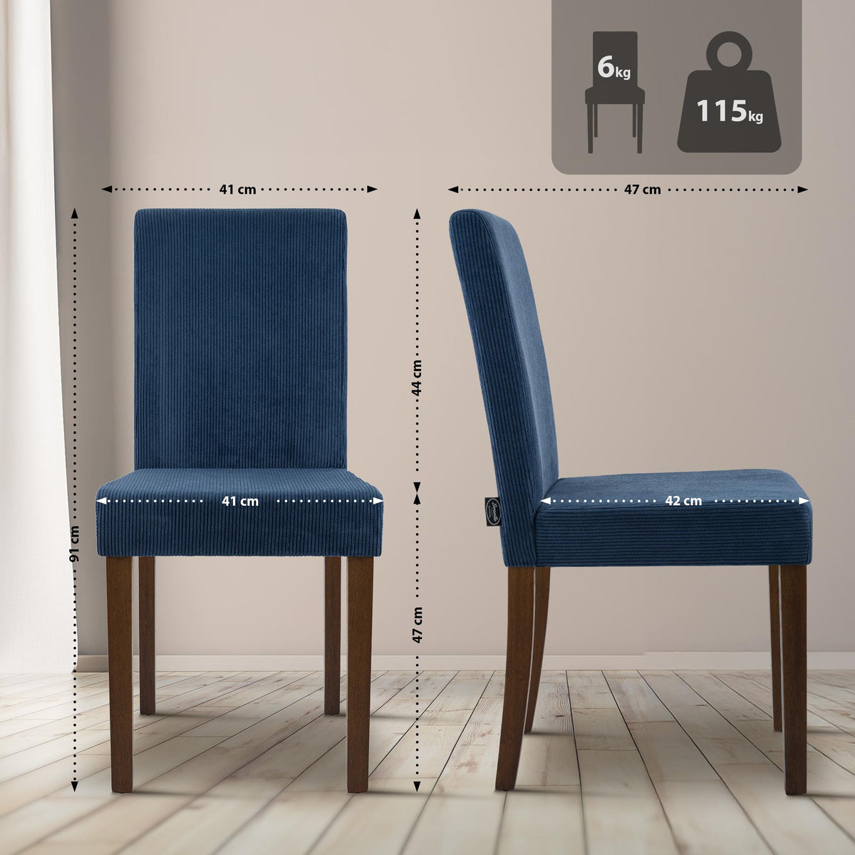 Eetkamerstoel Ina Cord blauw,antiek donker blau
