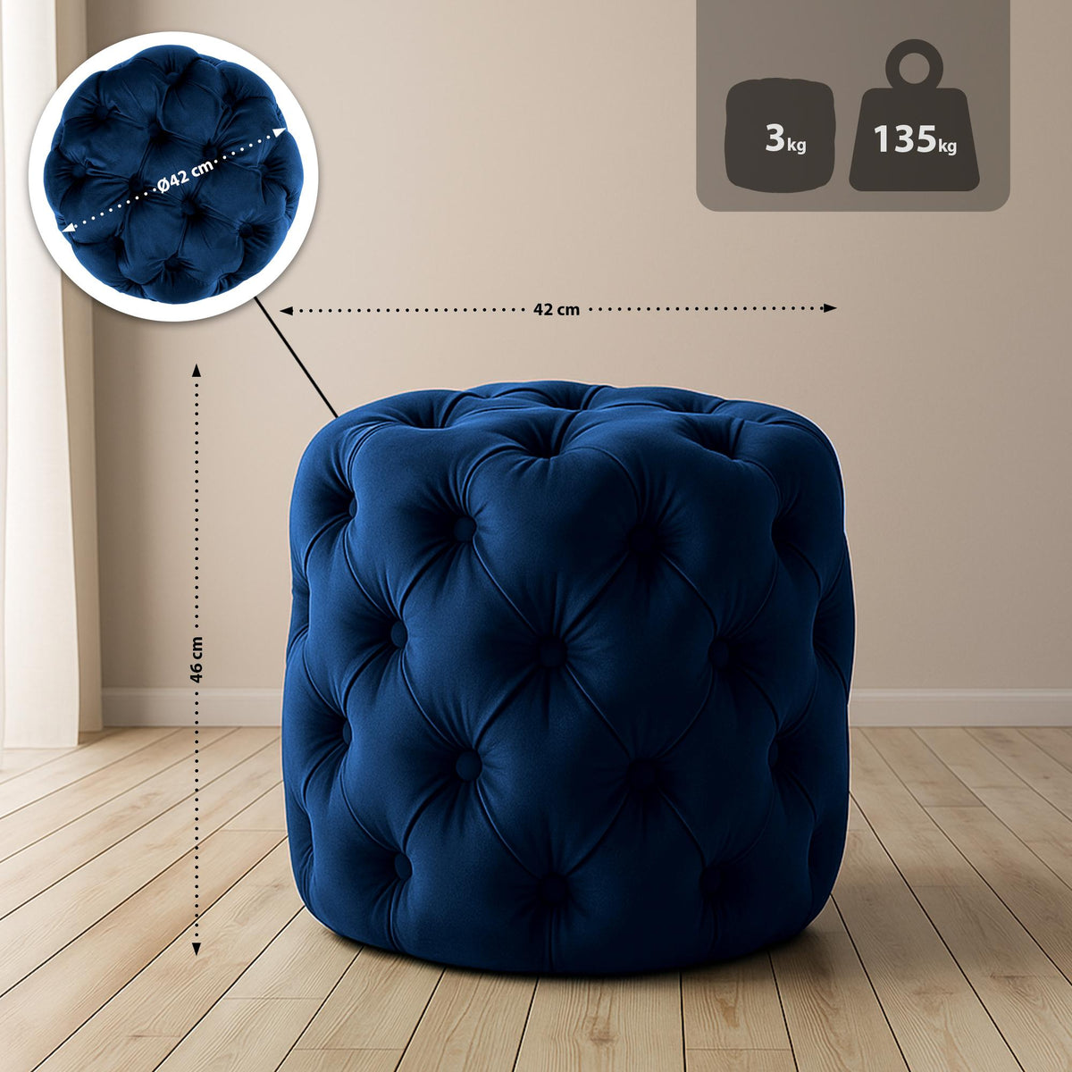 Poef Drancy Fluweel blauw,M blau