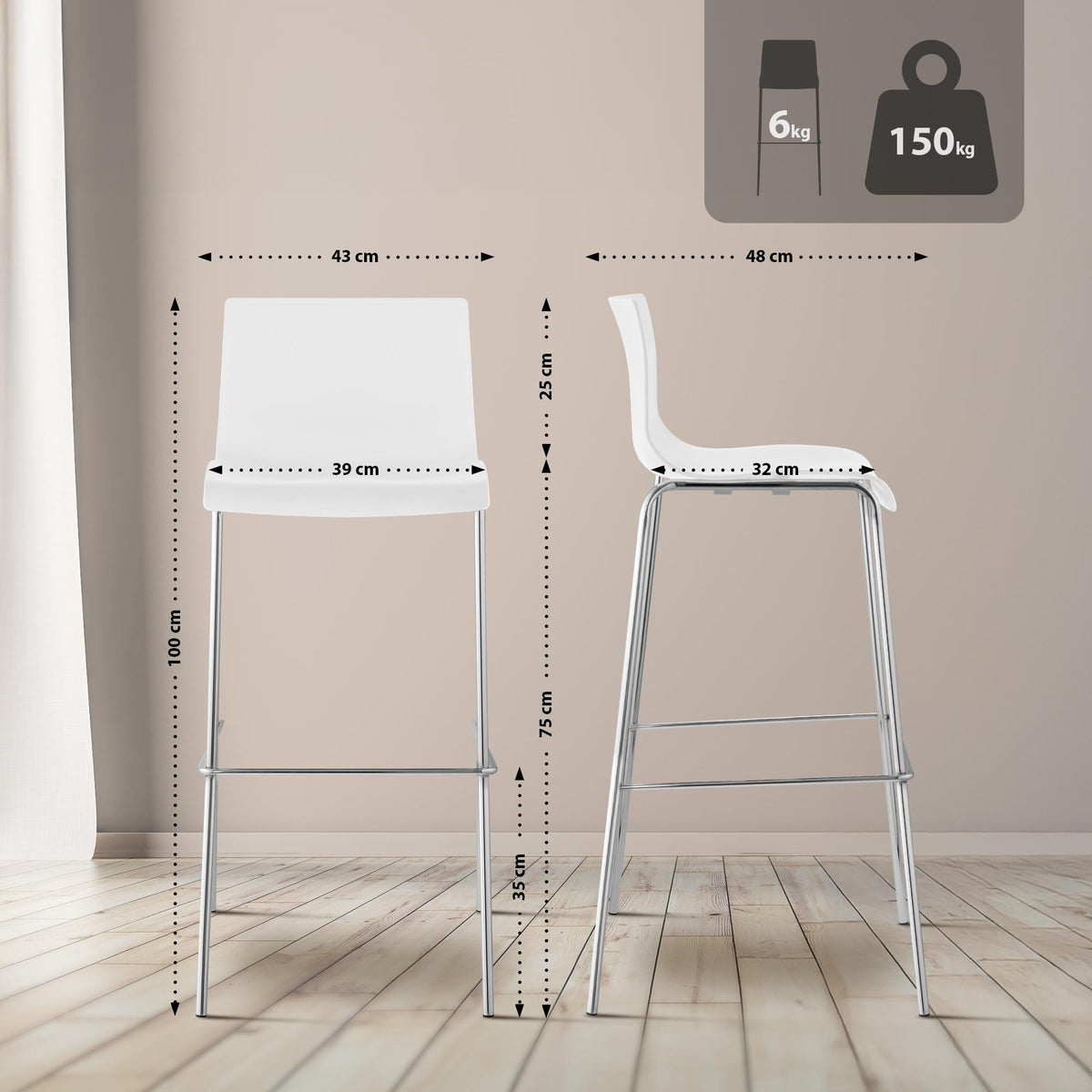 Barhocker Hoover Chrom 4-Fuß Gestell weiß