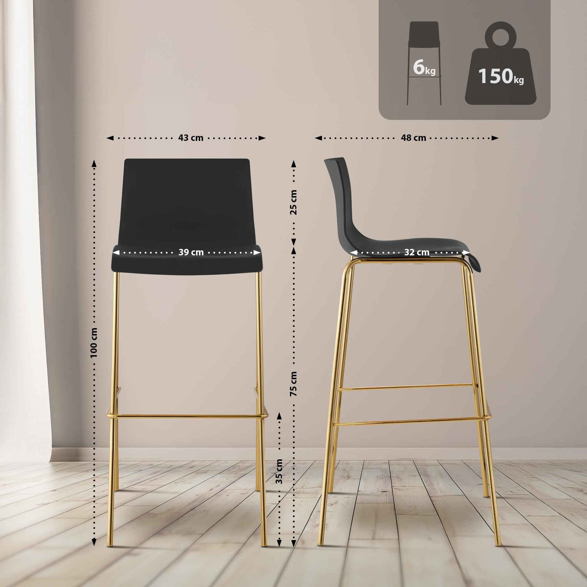 2er Set Barhocker Hoover Kunststoff 4-Fuß Gold schwarz