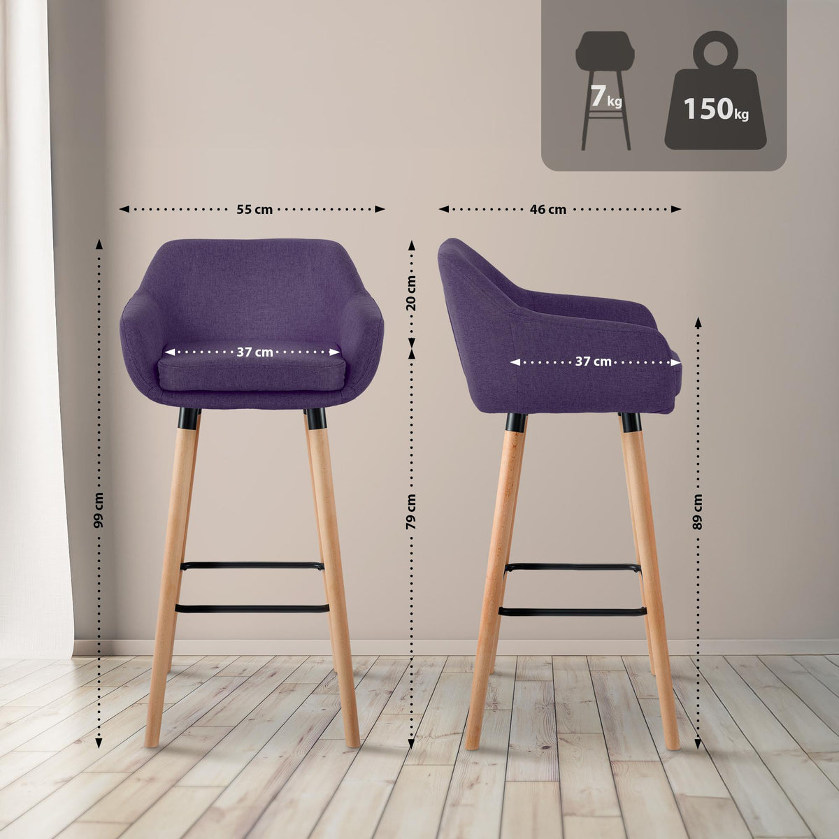 Set van 2 Barkrukken Grant stof purper lila