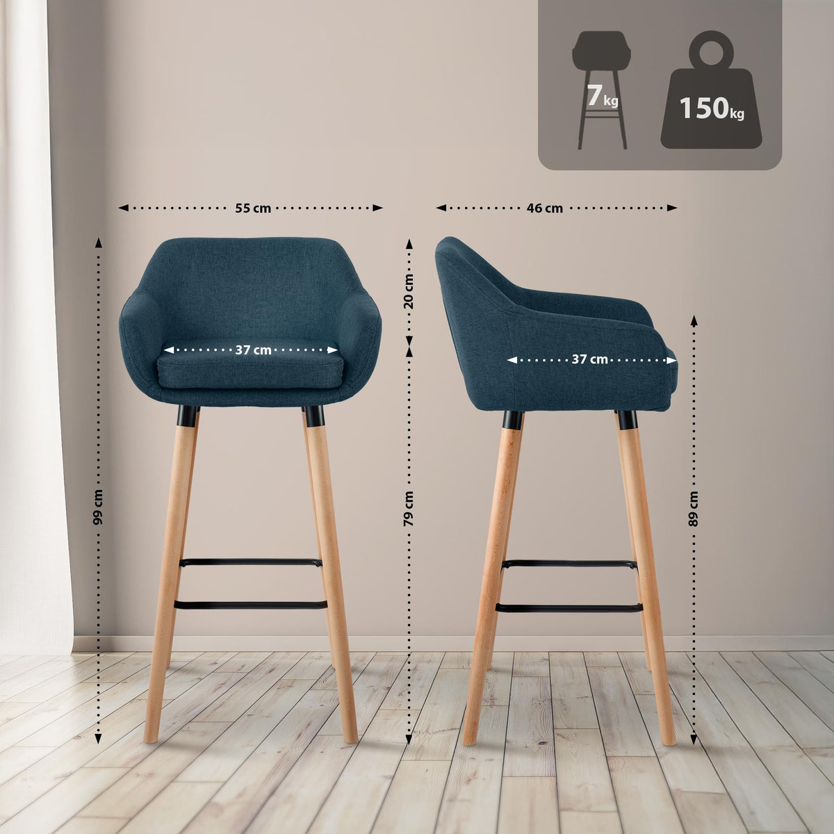 Set van 2 Barkrukken Grant stof blauw blau