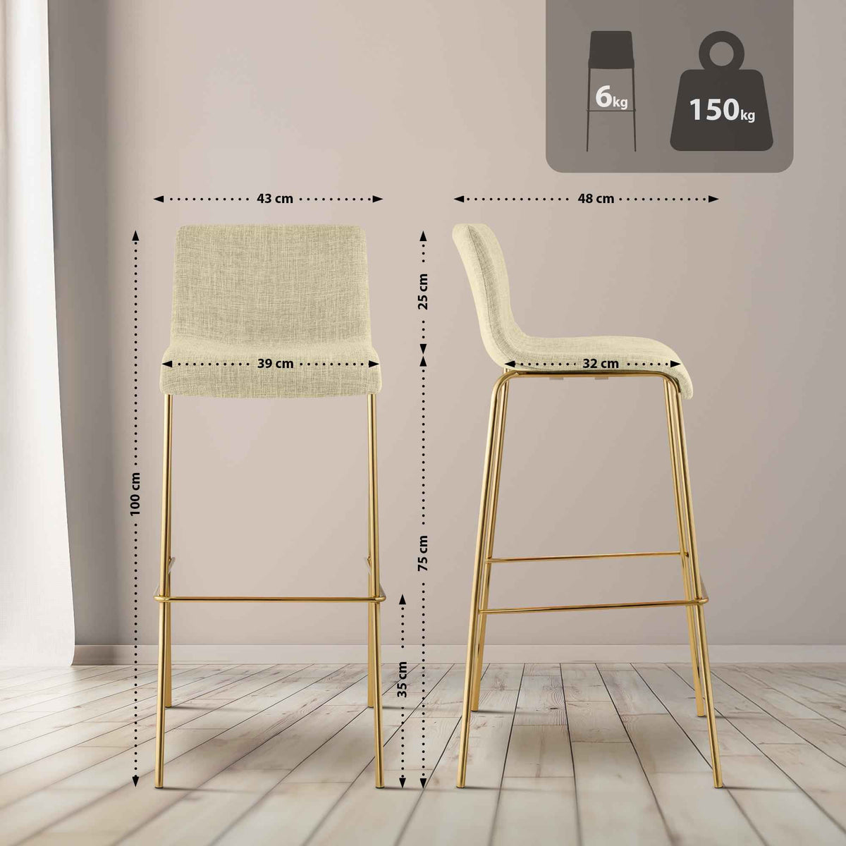 Barhocker Hoover Stoff 4-Fuß Gold creme