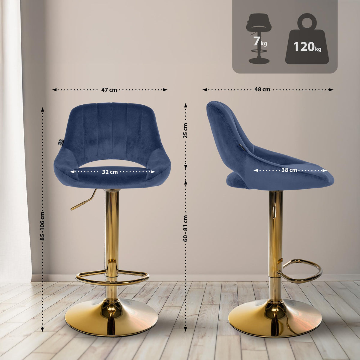 Barkruk Milet Fluweel blauw,goud blau
