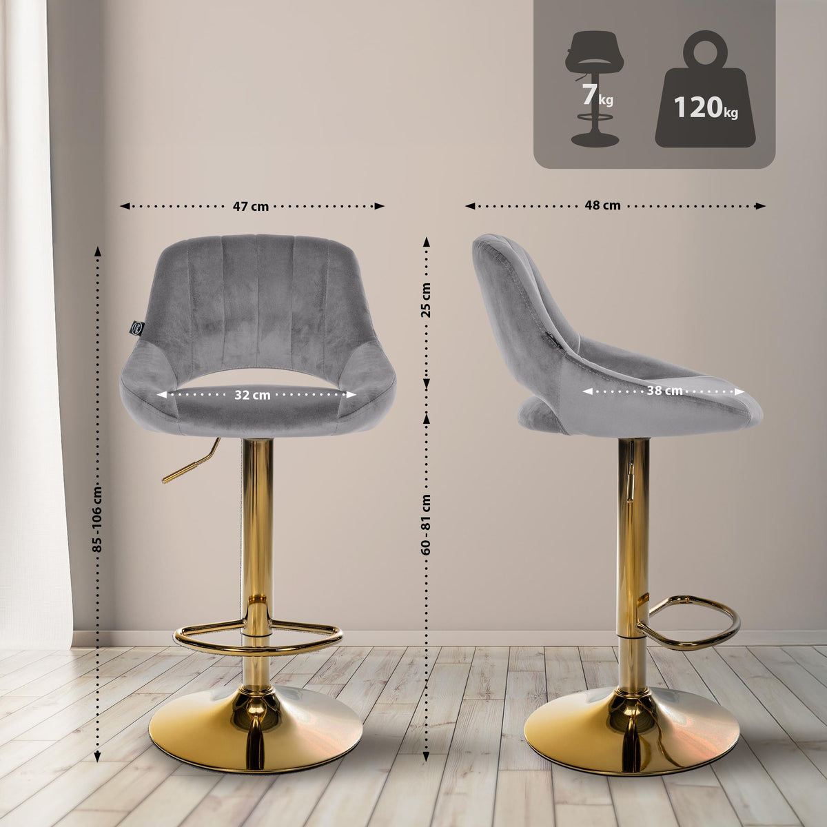 Barkruk Milet Fluweel donkergrijs,goud dunkelgrau