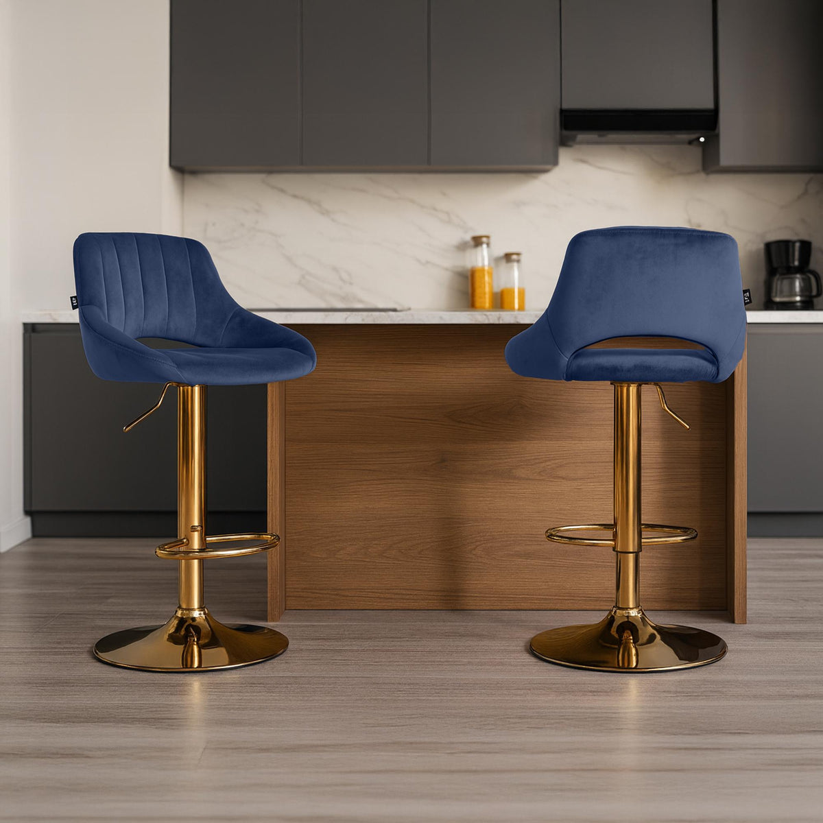 Set van 2 Barkrukken Milet Fluweel blauw,Metaal Goud blau