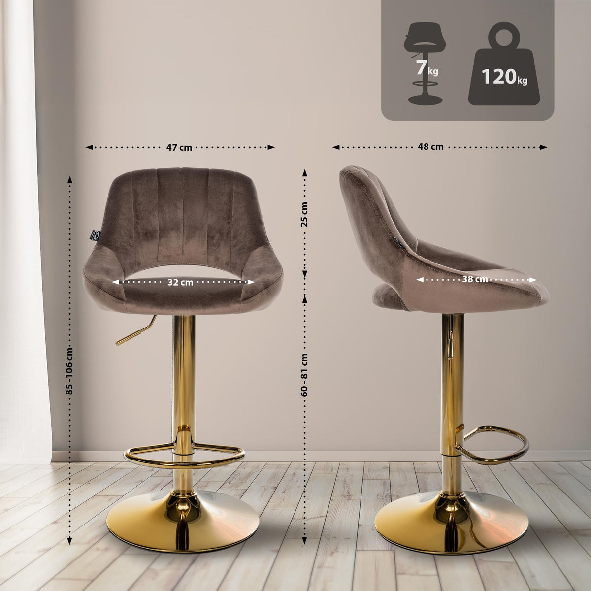 Set van 2 Barkrukken Milet Fluweel bruin,Metaal Goud braun