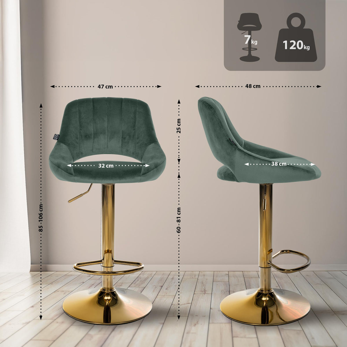Set van 2 Barkrukken Milet Fluweel groen,Metaal Goud grün
