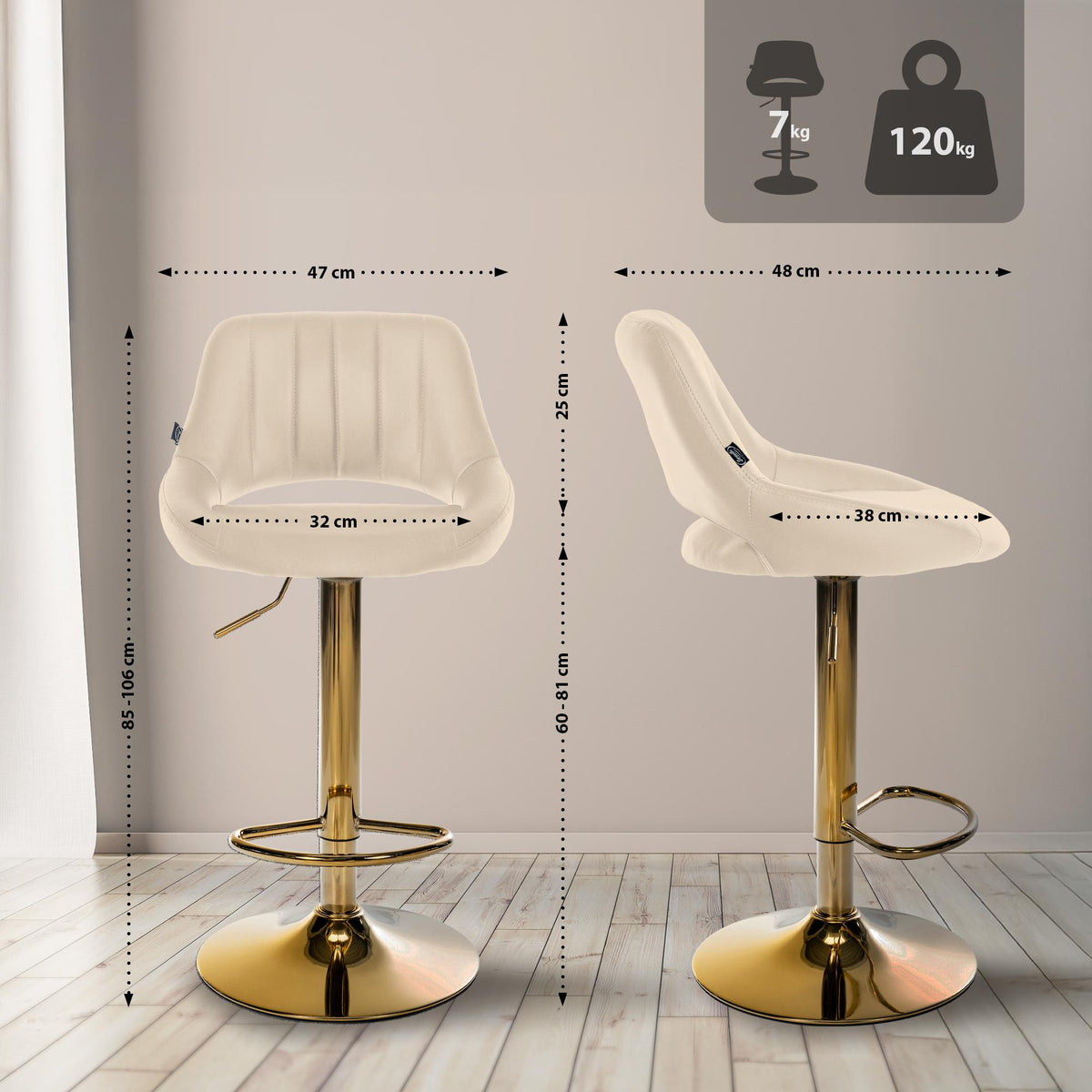 Set van 2 barkrukken Milet kunstleer creme,Metaal Goud creme