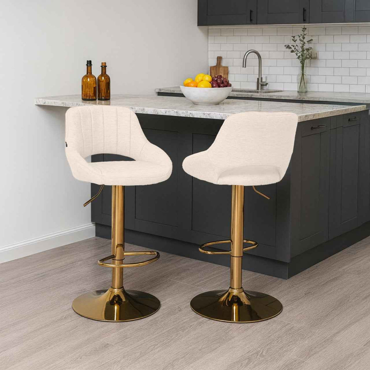 Set van 2 barkrukken Milet stof creme,Metaal Goud creme