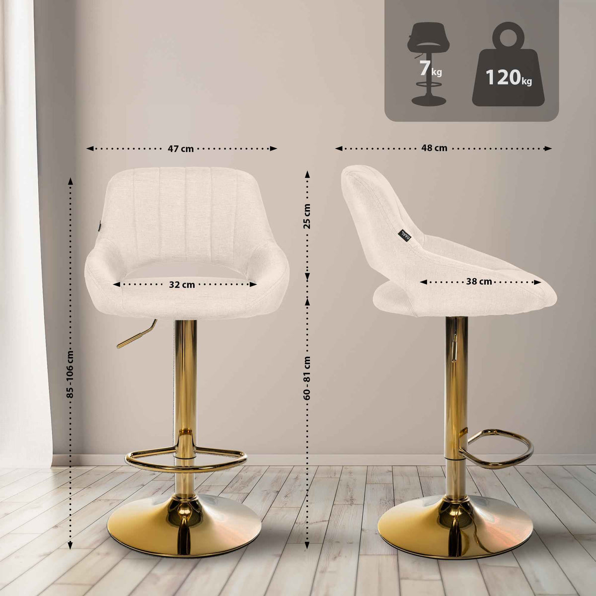 Set van 2 barkrukken Milet stof creme,Metaal Goud creme