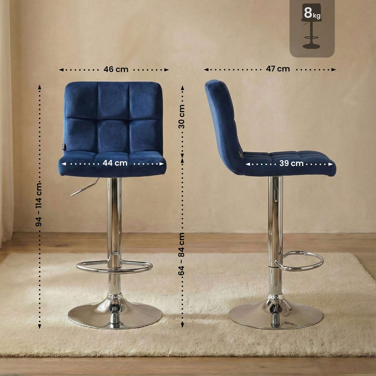 Barkruk Peru Fluweel blauw,chroom blau