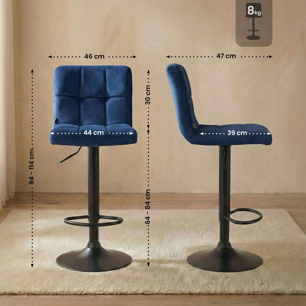 Set van 2 Barkrukken Peru Fluweel blauw,zwart blau