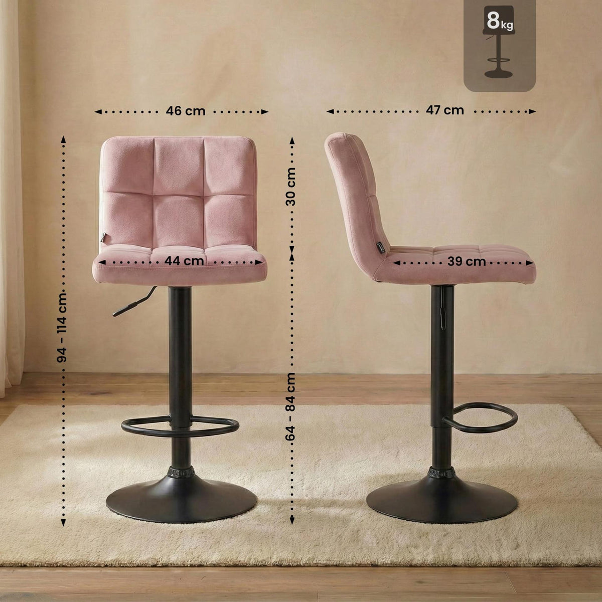 Set van 2 Barkrukken Peru Fluweel rosa,zwart rosa