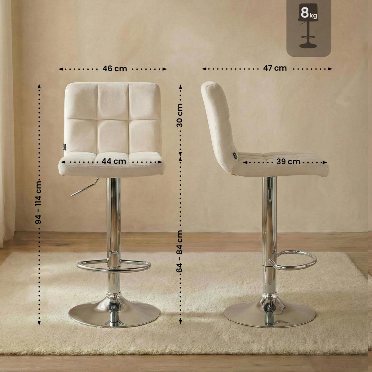 Barkruk Peru Fluweel creme,chroom creme