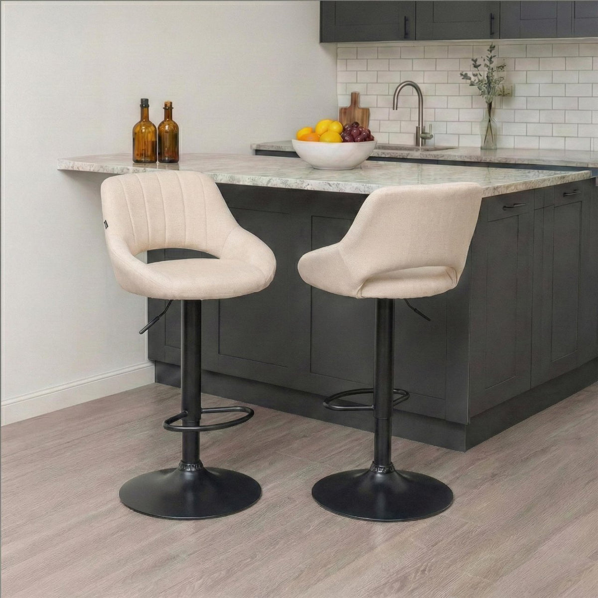 Set van 2 barkrukken Milet stof creme,Metaal mat zwart creme